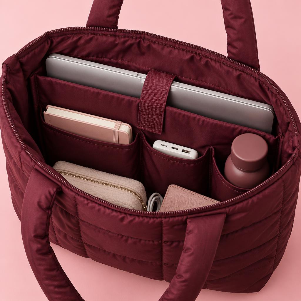 Interior organizado da bolsa com bolso para notebook